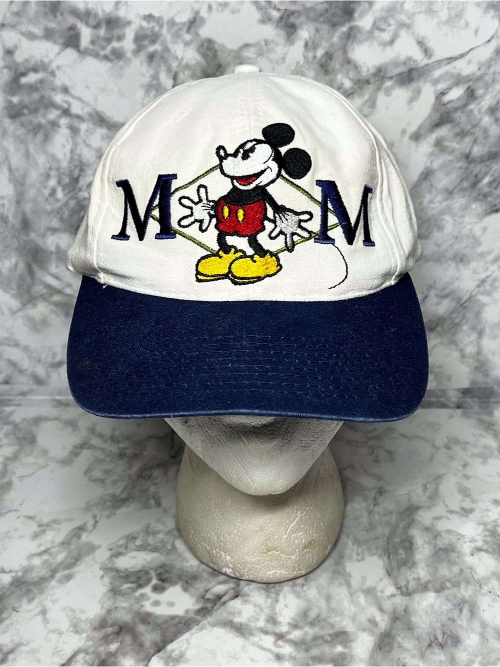 Vintage Disney Mickey Hat Cap Strap Back Mens One Size White Navy Blue Baseball